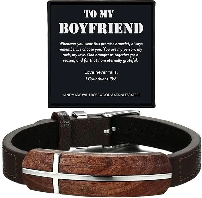To My Boyfriend Men's Rosewood Cross Bracelet | 1 Corinthians 13:8 3 To My Boyfriend Men's Rosewood Cross Bracelet | 1 Corinthians 13:8