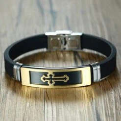 Men's Cross Bracelet Rubber Golden Cross 7 Men's Cross Bracelet Rubber Golden Cross -Lord's Guidance Men s Rubber Cross Bracelet Gold lord s guidance