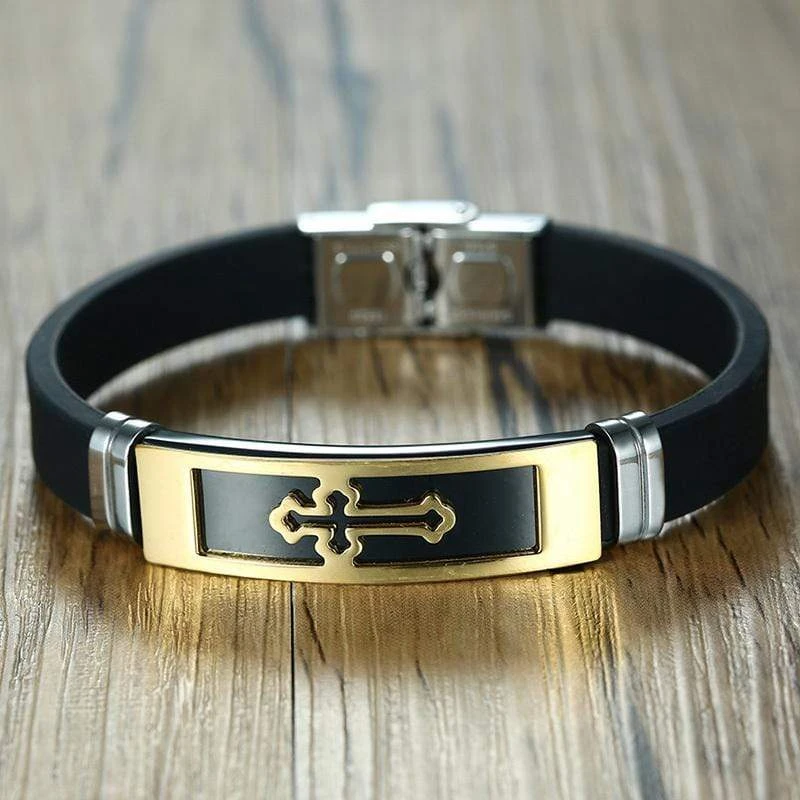 Men's Cross Bracelet Rubber Golden Cross 5 Men's Cross Bracelet Rubber Golden Cross - Image 3