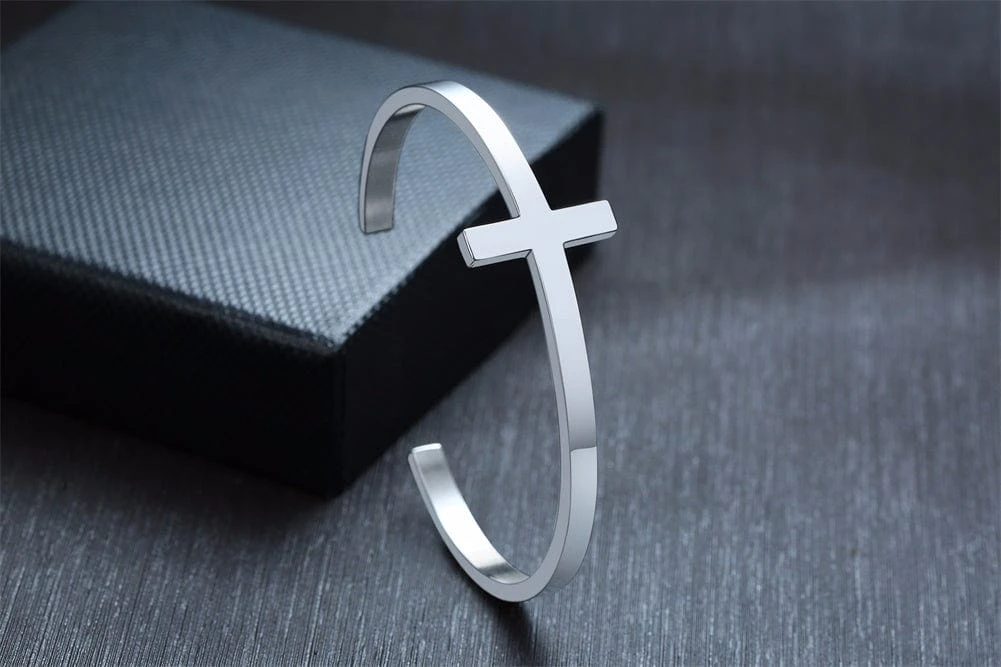 Mens Minimalist Stainless Steel Cuff Bracelet With Cross 10 Mens Minimalist Stainless Steel Cuff Bracelet With Cross - Image 8