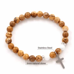 Natural Stone Bead Bracelet With Cross Charm 32 Natural Stone Bead Bracelet With Cross Charm -Lord's Guidance NaturalStoneBraceletBrownandWhite