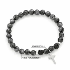 Natural Stone Bead Bracelet With Cross Charm 29 Natural Stone Bead Bracelet With Cross Charm -Lord's Guidance NaturalStoneBraceletDarkGrey