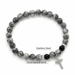 Natural Stone Bead Bracelet With Cross Charm 30 Natural Stone Bead Bracelet With Cross Charm -Lord's Guidance NaturalStoneBraceletGreyandBlack