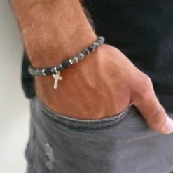 Natural Stone Bead Bracelet With Cross Charm 34 Natural Stone Bead Bracelet With Cross Charm -Lord's Guidance NaturalStoneBraceletModel3
