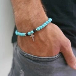 Natural Stone Bead Bracelet With Cross Charm 33 Natural Stone Bead Bracelet With Cross Charm -Lord's Guidance NaturalStoneBraceletModel4