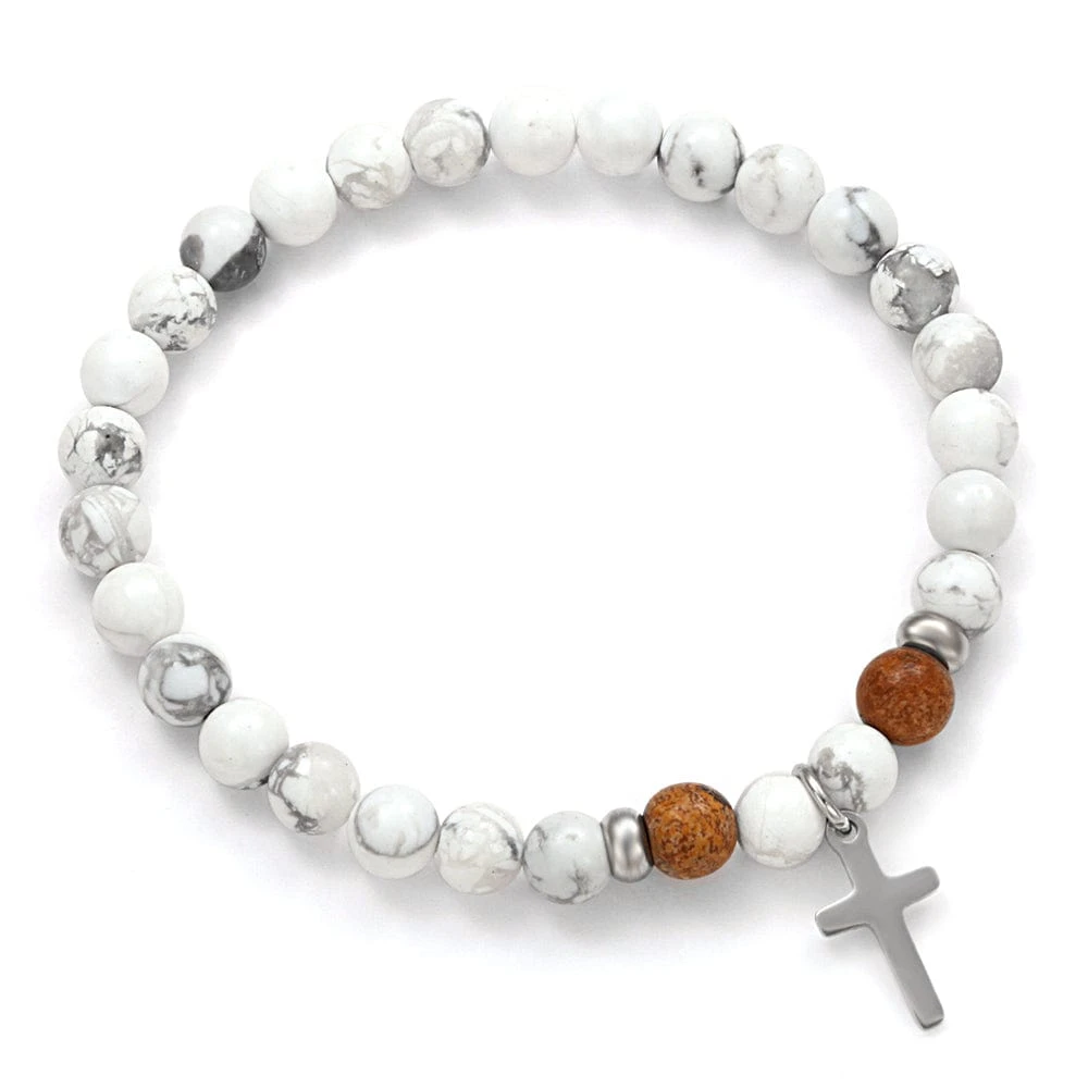Natural Stone Bead Bracelet With Cross Charm 3 Natural Stone Bead Bracelet With Cross Charm