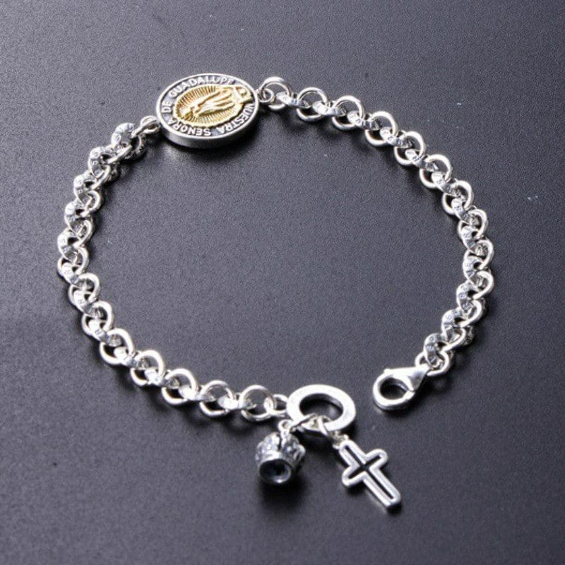 Sterling Silver Virgin Mary Chain Bracelet With Cross Charm 5 Sterling Silver Virgin Mary Chain Bracelet With Cross Charm - Image 3