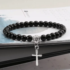 Stone Bead Religious Bracelet With Cross Charm 35 Stone Bead Religious Bracelet With Cross Charm -Lord's Guidance StoneBeadBraceletBlack