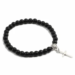 Stone Bead Religious Bracelet With Cross Charm 31 Stone Bead Religious Bracelet With Cross Charm -Lord's Guidance StoneBeadBraceletMatteBlack