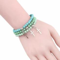 Stone Bead Religious Bracelet With Cross Charm 36 Stone Bead Religious Bracelet With Cross Charm -Lord's Guidance StoneBeadBraceletModel
