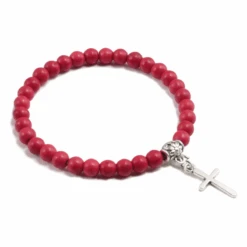 Stone Bead Religious Bracelet With Cross Charm 32 Stone Bead Religious Bracelet With Cross Charm -Lord's Guidance StoneBeadBraceletRed