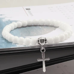 Stone Bead Religious Bracelet With Cross Charm 34 Stone Bead Religious Bracelet With Cross Charm -Lord's Guidance StoneBeadBraceletWhite