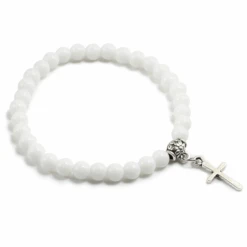 Stone Bead Religious Bracelet With Cross Charm 27 Stone Bead Religious Bracelet With Cross Charm -Lord's Guidance StoneBeadBraceletWhitePorcelain