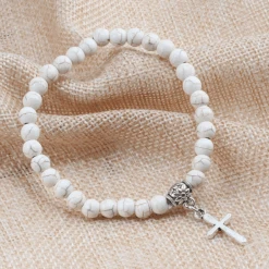 Stone Bead Religious Bracelet With Cross Charm 33 Stone Bead Religious Bracelet With Cross Charm -Lord's Guidance StoneBeadBraceletWhiteStoneEffect
