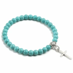 Stone Bead Religious Bracelet With Cross Charm 29 Stone Bead Religious Bracelet With Cross Charm -Lord's Guidance StoneBeadBraceletteal
