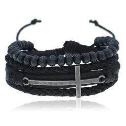 Men's Cross Bracelet Beads And Leather
