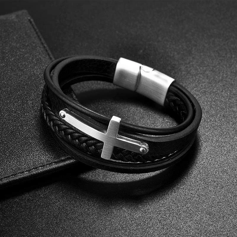 Men's Cross Bracelet Black Leather 5 Men's Cross Bracelet Black Leather - Image 3