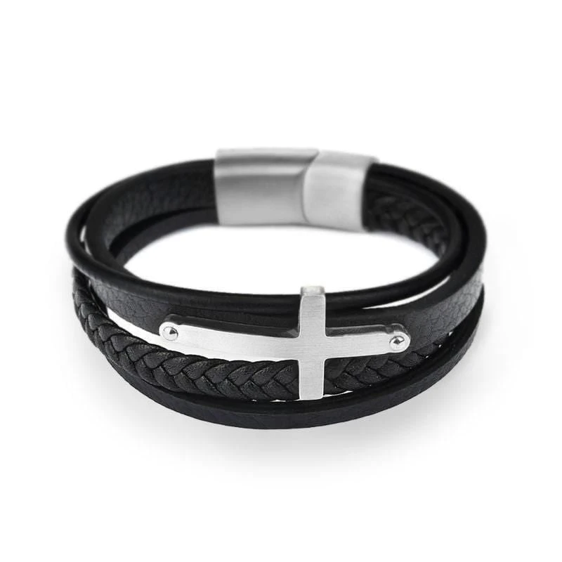 Men's Cross Bracelet Black Leather 3 Men's Cross Bracelet Black Leather