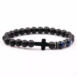 Cross Bead Bracelet Matte Black Stone 6 Cross Bead Bracelet Matte Black Stone -Lord's Guidance blue Black Stone Bracelet With Cross lord s guidance