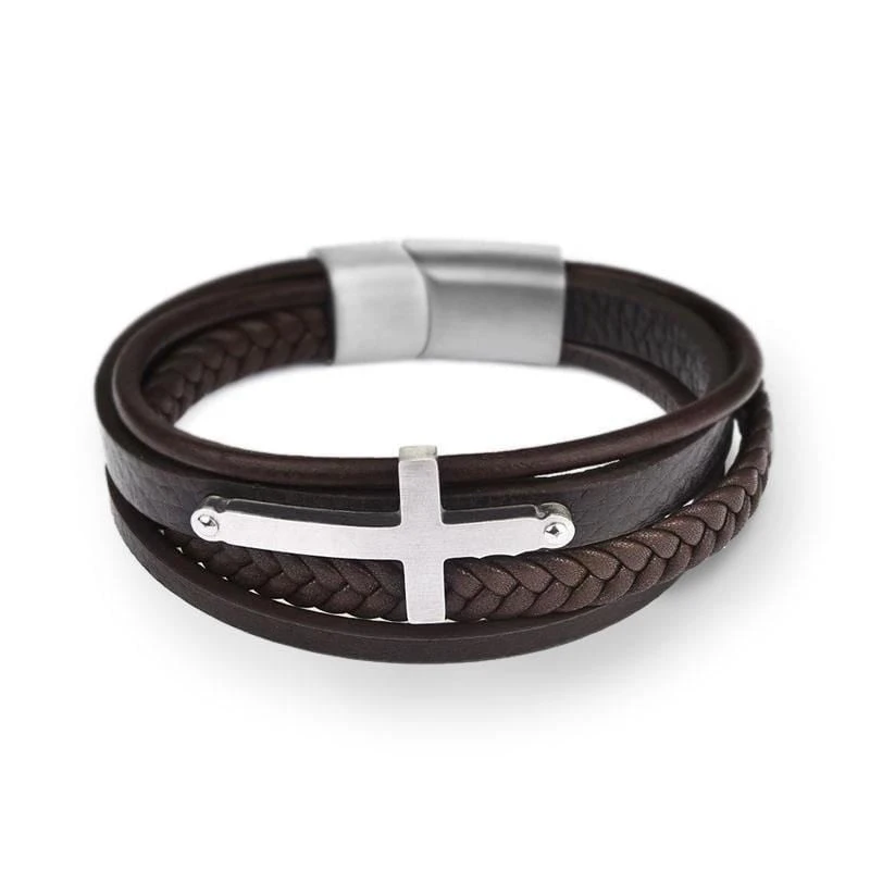 Men's Cross Bracelet Brown Leather 3 Men's Cross Bracelet Brown Leather