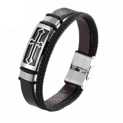 Men's Cross Bracelet Braided Leather Silver Cross