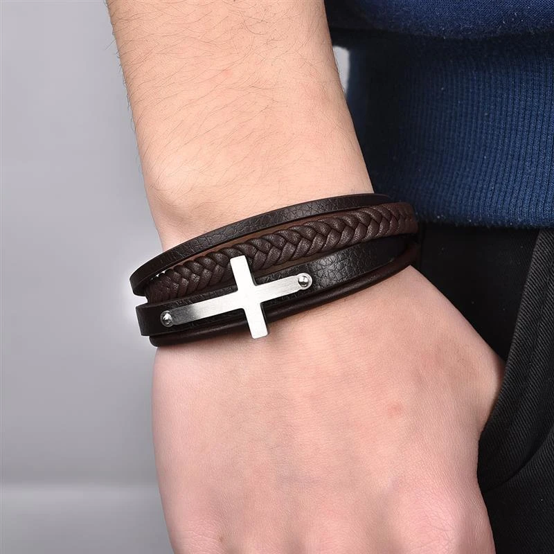 Men's Cross Bracelet Brown Leather 4 Men's Cross Bracelet Brown Leather - Image 2