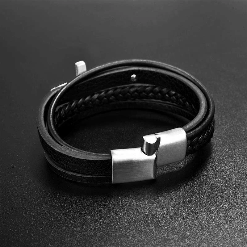 Men's Cross Bracelet Black Leather 6 Men's Cross Bracelet Black Leather - Image 4