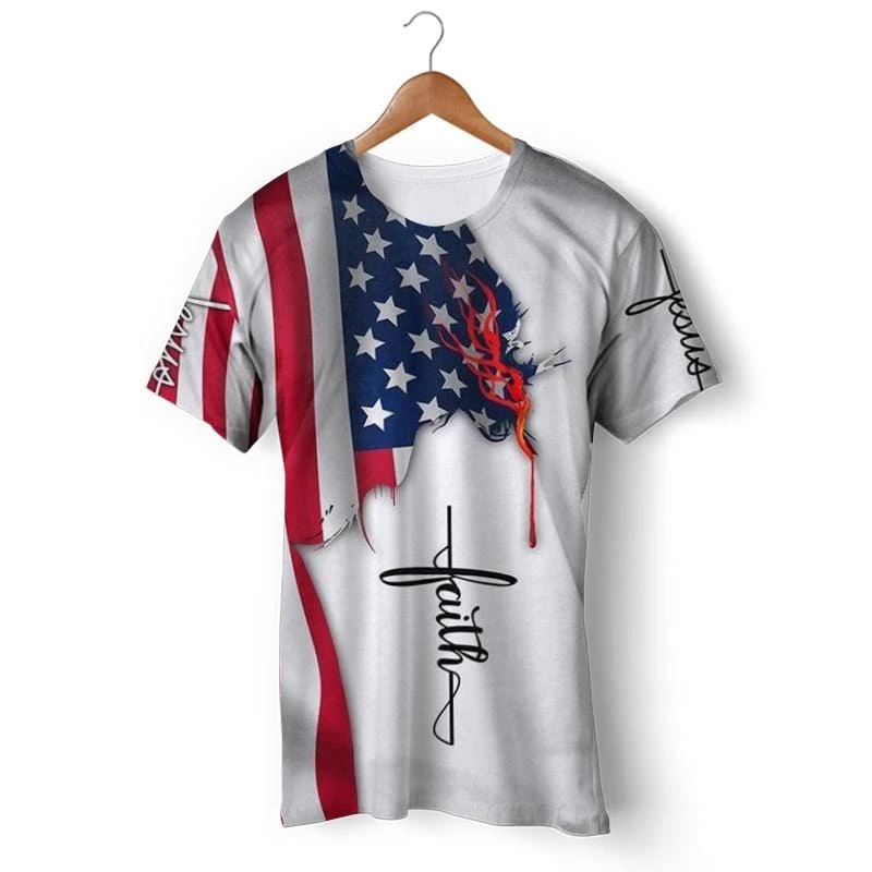 Christian T-Shirt Jesus Christ USA Flag 4 Christian T-Shirt Jesus Christ USA Flag - Image 2