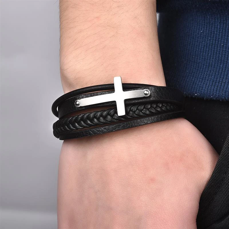 Men's Cross Bracelet Black Leather 4 Men's Cross Bracelet Black Leather - Image 2