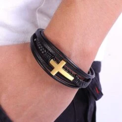 Men's Cross Bracelet Cross And Leather 13 Men's Cross Bracelet Cross And Leather -Lord's Guidance men leather cross bracelet gold lords guidance