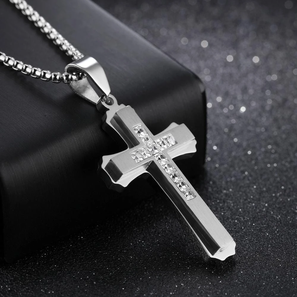Men's Christian Necklace Silver Diamond 4 Men's Christian Necklace Silver Diamond - Image 2
