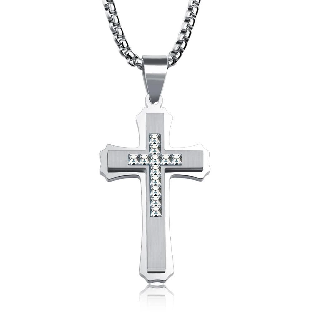 Men's Christian Necklace Silver Diamond 3 Men's Christian Necklace Silver Diamond