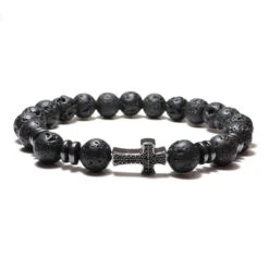Cross Bead Bracelet Black Lava Stone